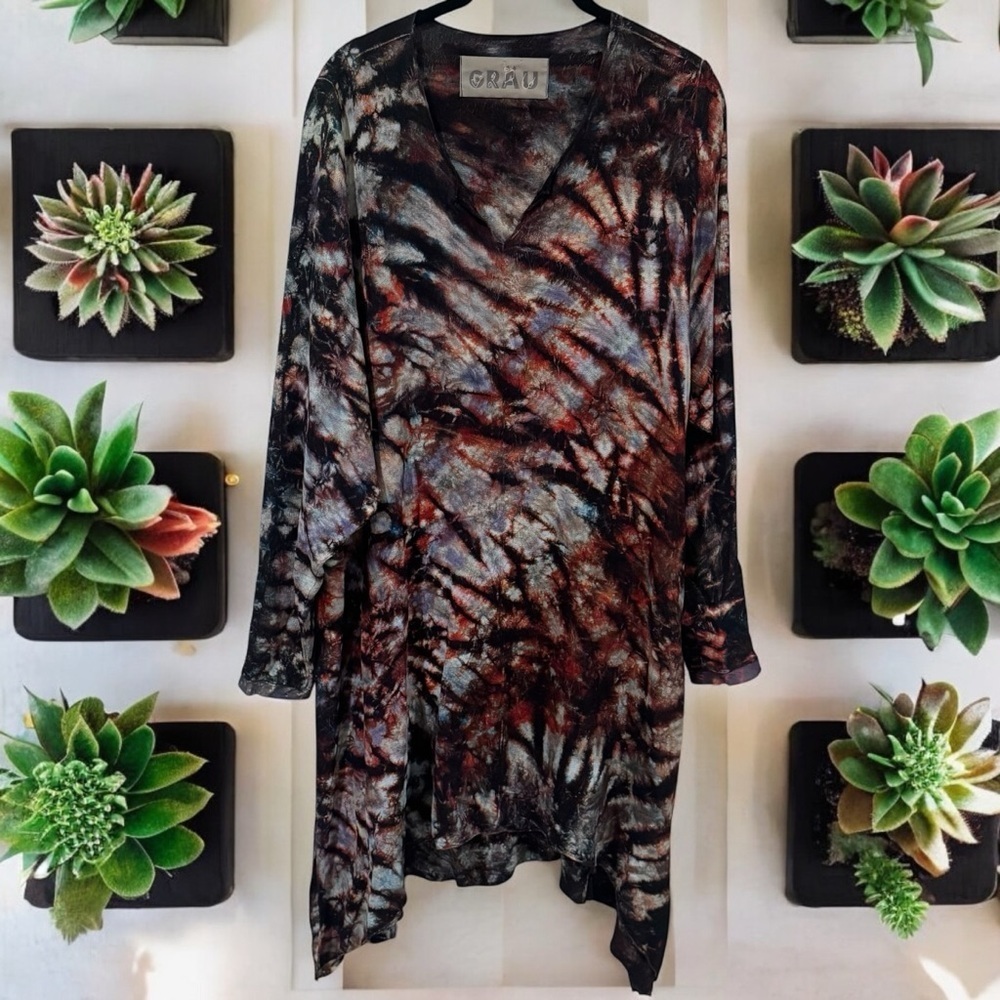 Grau Tiedye Grunge Dark Fairy Bohemian Art to Wear Lagenlook Midi Dress Size M/L